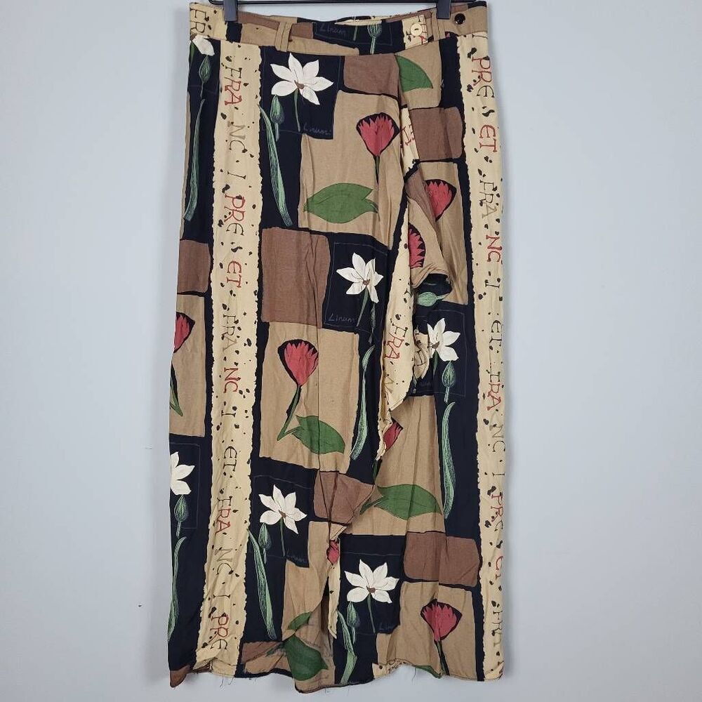 VTG France Womens Floral Wrap Maxi Skirt Size 10 Tan Cottagecore Peasant Hippie